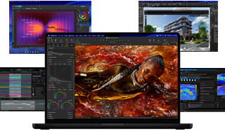 Разнообразие от цветно екранно съдържание от приложения за музикално продуциране, графичен дизайн, 3D анимация и редактиране на снимки на Mac, демонстриращо мощна графична производителност.