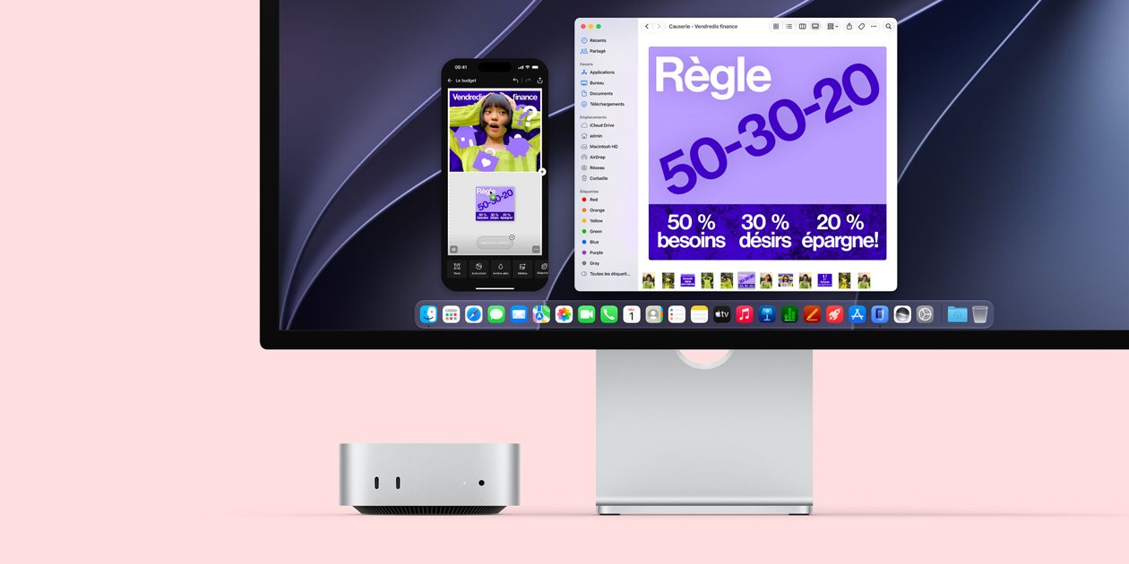 Face avant d’un Mac mini, posé sous un Studio Display, l’écran montre la recopie d’un iPhone affichant une publication sur les finances pour les réseaux sociaux