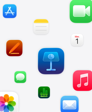 Apps Apple : Keynote, Pages, Numbers, Musique, Photos, Notes, Calendrier, Mail, FaceTime, Messages, App Store