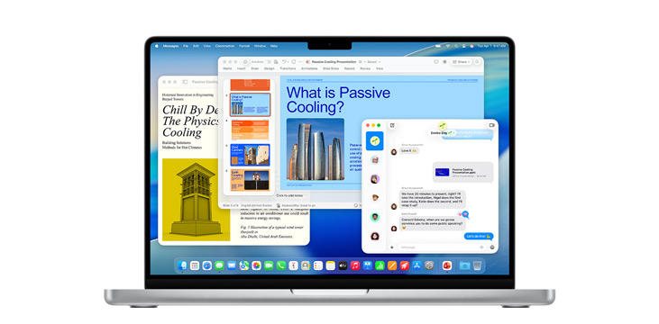 Demostración de apps como Microsoft PowerPoint, Mensajes y Pages en un MacBook Pro de 14 pulgadas.