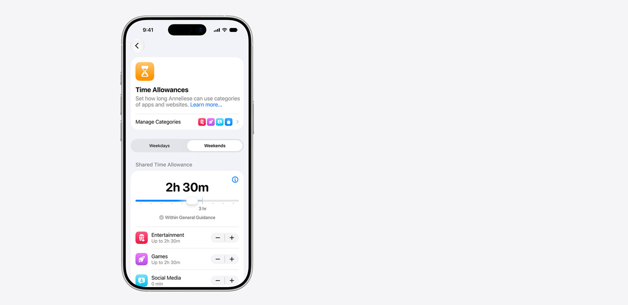 Un iPhone muestra la interfaz de Límite de Tiempo de Uso, con un tiempo asignado compartido de dos horas y media, y sugerencias de tiempo para categorías como entretenimiento, juegos y redes sociales.