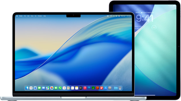 MacBook til venstre, iPad til høyre, skjermer med lignende blått og grønt bakgrunnsbilde.
