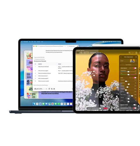 Een Mac-scherm met Apple Intelligence, een iPad-scherm met Pixelmator Pro