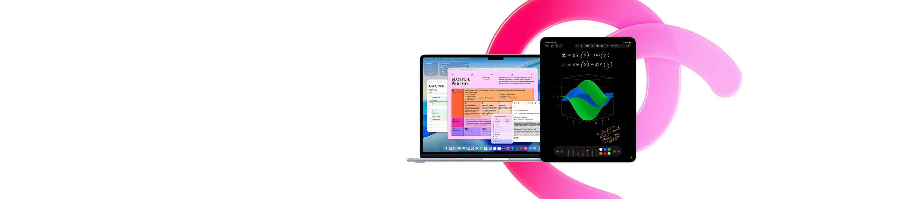 MacBook Air a mostrar as apps Pages, Calendário, Alertas e Mail ao lado de um iPad que apresenta equações escritas à mão nas Notas de matemática, para ilustrar a produtividade com as apps integradas