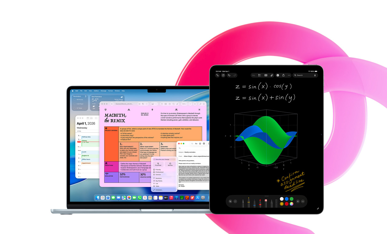MacBook Air a mostrar as apps Pages, Calendário, Alertas e Mail ao lado de um iPad que apresenta equações escritas à mão nas Notas de matemática, para ilustrar a produtividade com as apps integradas