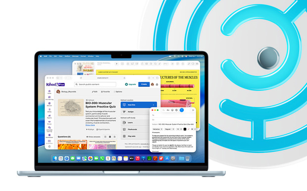 MacBook, Azul‑céu, portátil aberto a mostrar conteúdos educativos nas apps Keynote, Mail e Safari com Kahoot!, incluindo "BIO‑200 Muscular System Practice Quiz"