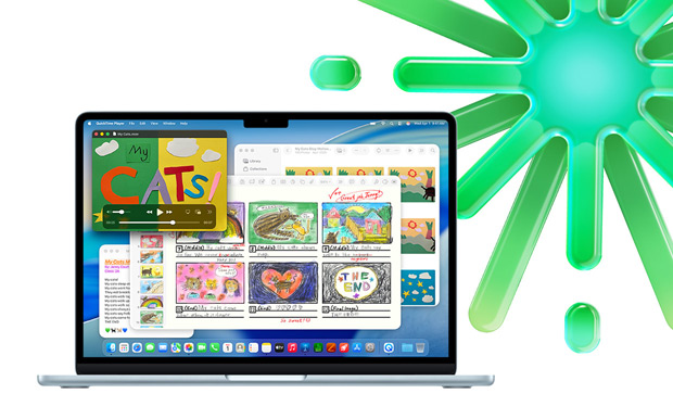 MacBook na cor azul‑céu com as apps QuickTime, Notas, Keynote e Fotografias, a mostrar a capacidade de trabalhar em várias apps ao mesmo tempo