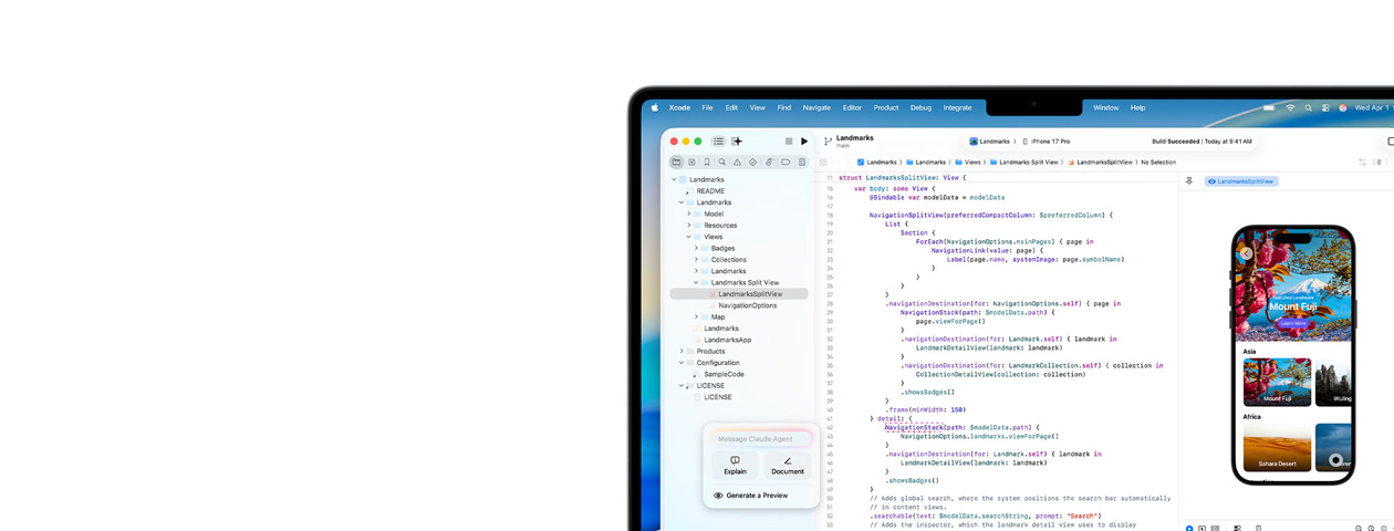 Xcode a funcionar no Mac, com o assistente de programação com IA Claude Agent e pré‑visualização da app no iPhone