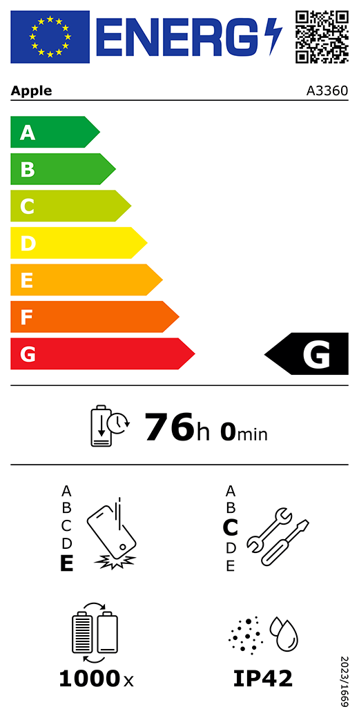 Código QR e información de la etiqueta energética de la UE, modelo A3360 de Apple, calificación energética de clase G (en una escala de la A a la G, siendo A la más eficiente y G la menos eficiente), duración de la batería por ciclo, 76 horas y 0 minutos por carga completa de la batería, fiabilidad en caídas repetidas de clase E (siendo A la más robusta y E la menos robusta), reparabilidad de clase C (siendo A la más reparable y E la menos reparable), 1.000 ciclos de carga de la batería, grado de protección contra la entrada de polvo y agua (IP) IP42, normativa 2023/1669