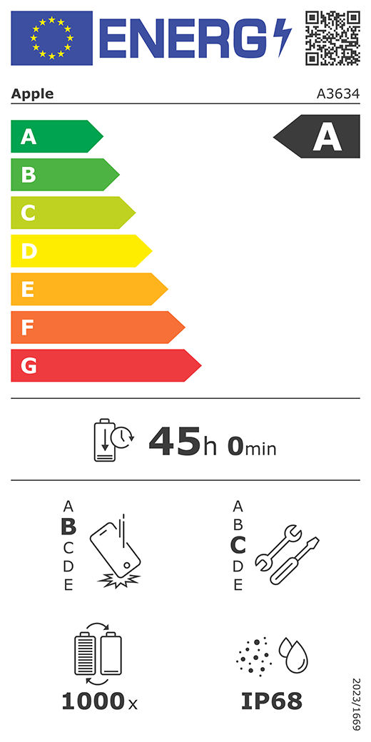 Etichetta energetica UE, codice QR e informazioni, modello Apple A3634, classe A, classi di efficienza energetica (con scala da A a G), da A (efficienza massima) a G (efficienza minima), autonomia della batteria per ciclo corrispondente a 45 ore e 0 minuti per ogni carica completa, classe di affidabilità B in caso di caduta libera ripetuta, da A (robustezza massima) a E (robustezza minima), classe di riparabilità C, da A (riparabilità massima) a E (riparabilità minima), durata della batteria 1000 cicli, protezione dall’ingresso di polvere e acqua (IP) di grado IP68, regolamento 2023/1669