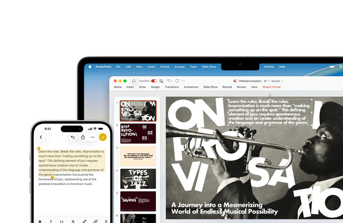 iPhone 16 Plus mit hervorgehobenem Text in der Notizen App, MacBook Air mit einer geöffneten PowerPoint Folie, Text aus der Notizen App ist auf der Folie sichtbar