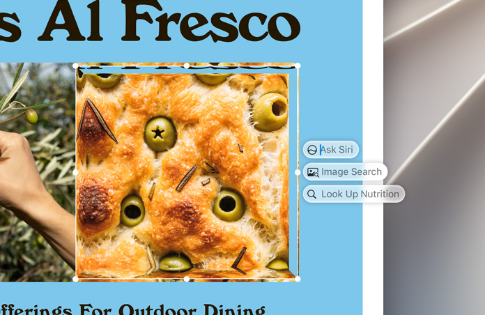 Visual Intelligence, Ask Siri, Image Search and Nutritional Value boxes appear to the right of a highlighted image of olives baked into focaccia