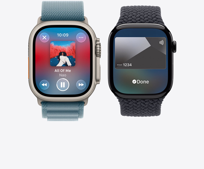 Apple Watch Ultra 3, com caixa em titânio natural, app Apple Music, ecrã A reproduzir, Apple Watch Series 11, com caixa em alumínio polido preto brilhante, ecrã do Apple Pay, Apple Card