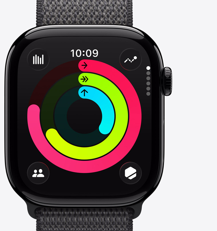 Apple Watch Series 11, boîtier en aluminium, finition noir de jais poli, anneaux Activité : bouger, m’entraîner, me lever, Digital Crown, bracelet, Boucle Sport gris foncé