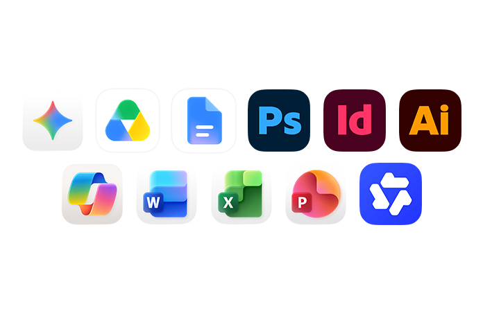 Row of icons including Gemini, Google Drive, Google Docs, Adobe Photoshop, Adobe InDesign, Adobe Illustrator, Microsoft Copilot, Microsoft Word, Microsoft excel, Microsoft Powerpoint, and DeepSeek