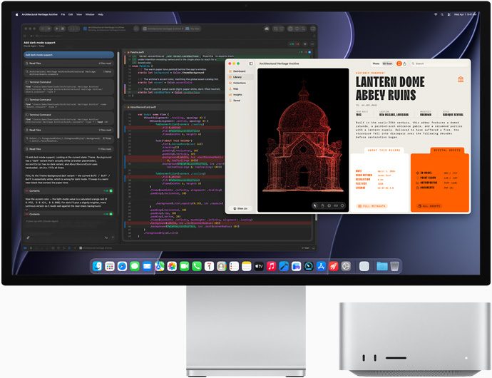 Studio Display XDR, a kijelzőn egy készülő dokumentum az Xcode-on belüli Claude Agentben, Mac Studio elölnézetből