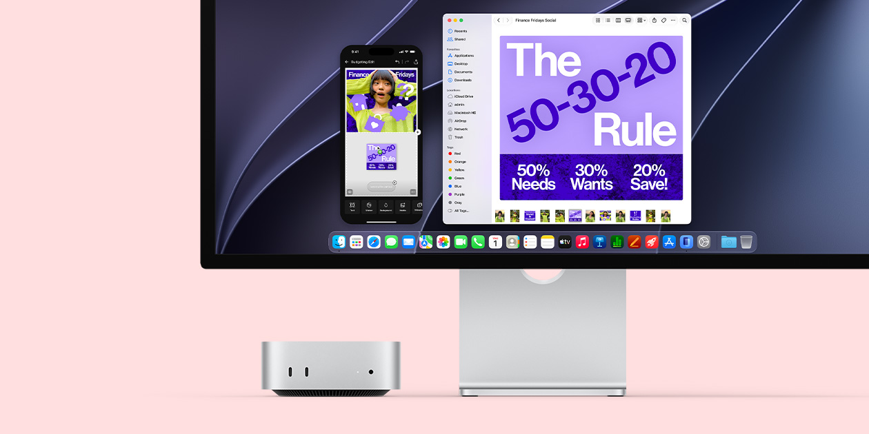 Mac&nbsp;mini front, tucked under Studio&nbsp;Display display screen shows iPhone mirroring of a social media post about a topic titled Finance Fridays