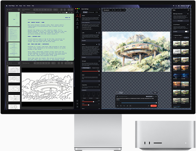 Studio Display XDR, screen shows architectural drawings in Draw Things, Pages and Keynote, Mac Studio, front view