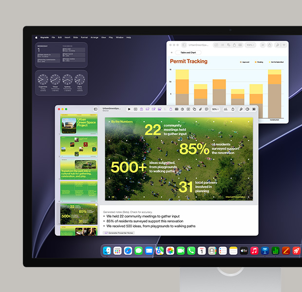 หน้าจอ macOS, แสดงการประชุมแบบวิดีโอ, ฟีดวิดีโอของผู้เข้าร่วม, หน้าจอที่แชร์กับแผนภูมิข้อมูล, แอปปฏิทินที่เปิดอยู่ และแอปต่างๆ ใน Dock