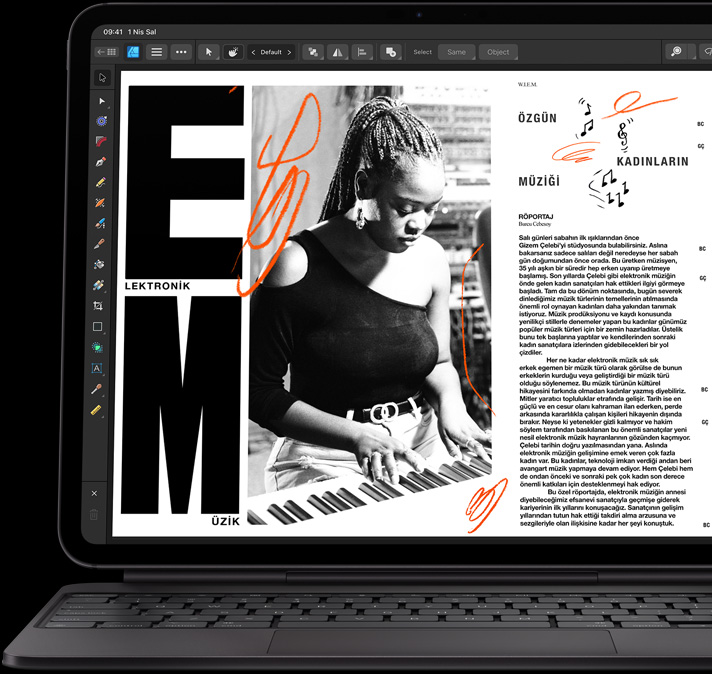 iPad Pro, önden dış görünüm, yatay pozisyonda, uzay siyahı renk, Magic Keyboard’a takılı, açık, önden dış görünüm, yatay pozisyonda, siyah renk, iPad Pro ekranında düzenlenmekte olan bir makale gösteriliyor