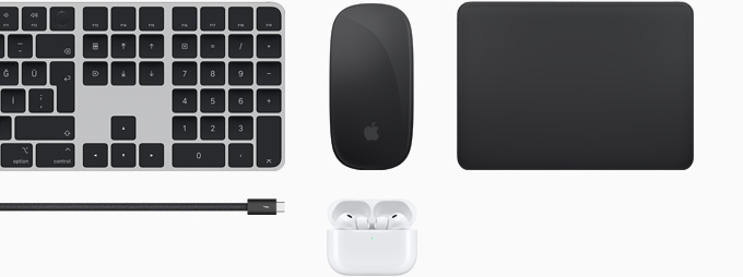 Touch ID özellikli Magic Keyboard, Magic Mouse, Magic Track Pad, Thunderbolt 5 Pro kablosu ve AirPods Pro dahil aksesuar koleksiyonu