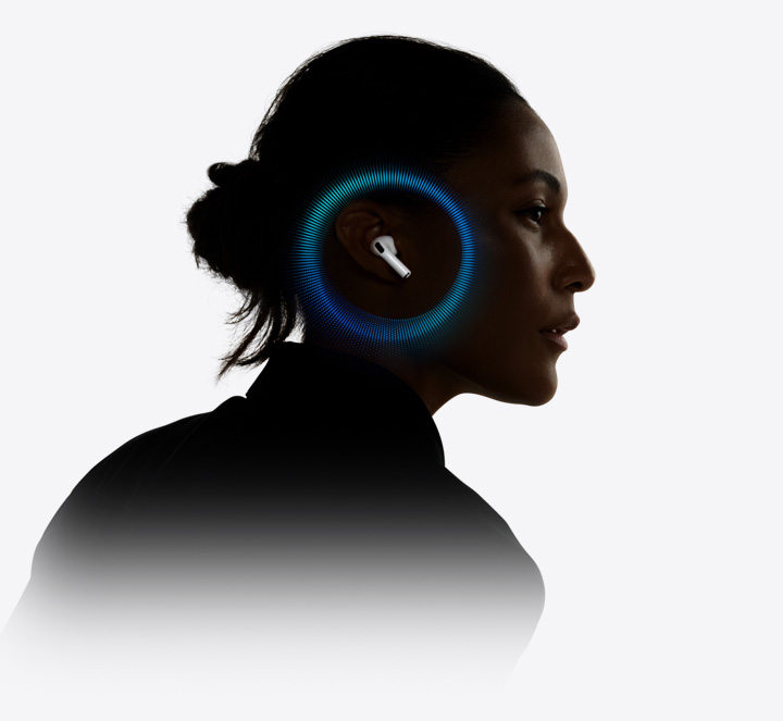 A person wearing AirPods Pro 3 with sound waves around their ear.