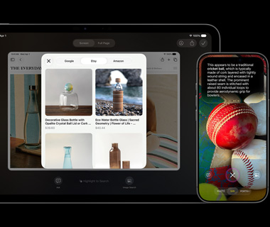 Siri AI menampilkan visual vas kaca di iPad 11 Pro, dan teks tentang peralatan olahraga di iPhone 17 Pro.