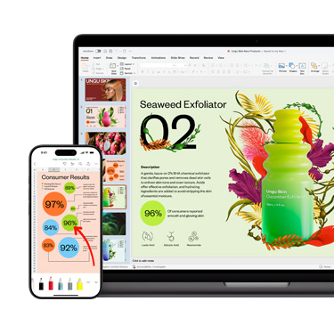 Vista frontal de um Mac e um iPhone a mostrar diferentes secções da mesma apresentação vibrante e colorida, focada num produto para a pele.