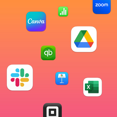 Ícones de apps de produtividade, incluindo Slack, Canva, Google Workspace, Zoom, Quickbooks, Keynote, Excel, Square e Numbers num fundo colorido.