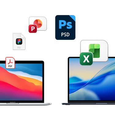 Vista frontal de dos MacBook, uno al lado del otro, con diferentes fondos de escritorio coloridos. Se muestran unos íconos de archivos en forma de arco sobre los MacBook. Estos incluyen un archivo de Acrobat, uno de Figma, uno de PowerPoint, uno de Photoshop y uno de Excel.