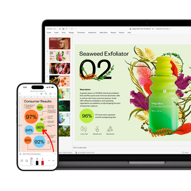 Vista frontal de un Mac y un iPhone que muestran diferentes secciones de la misma presentación animada y colorida enfocada en un producto para el cuidado de la piel.
