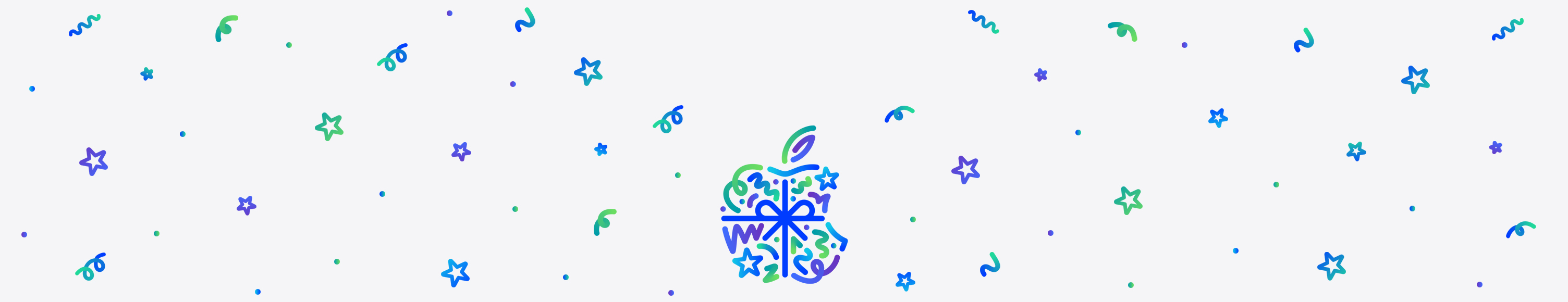 Dot, squiggle, spiral and star shapes in different hues of blue, green and purple burst and spread across from behind Apple logo, wrapped in a blue colour bow, made up of dots, squiggles, spirals and star shapes in different hues of blue, green and purple