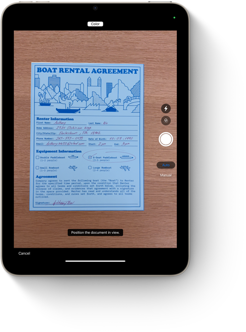 iPad mini, der viser funktionen til at scanne dokumenter i Noter.