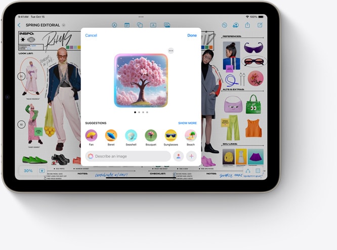 iPad mini, der viser Image Playground, en ny Apple Intelligence-funktion, i brug med Freeform.
