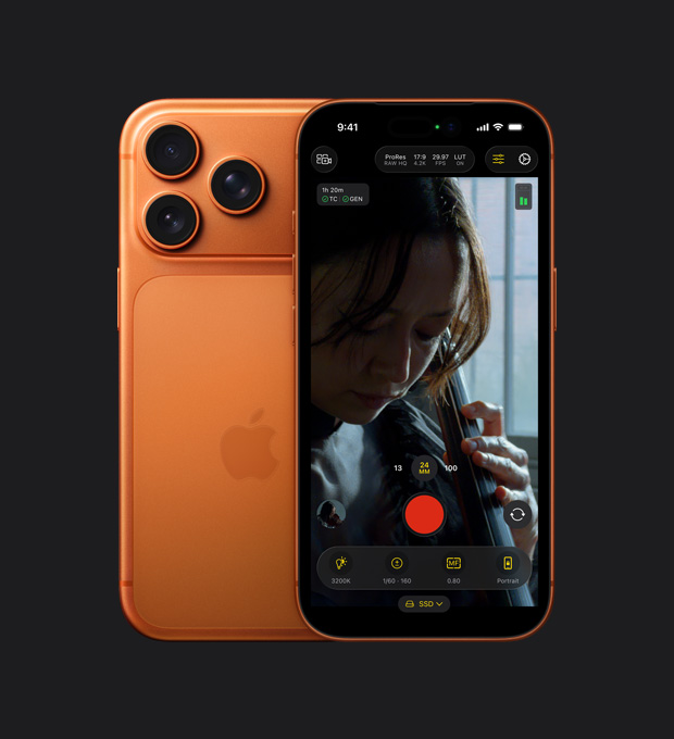 iPhone 17 Pro-skærmen viser ProRes RAW-funktionen under optagelsen af en kvinde, der spiller cello