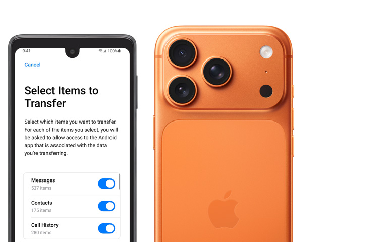 Dvě obrazovky vedle sebe, obrazovka Androidu s otevřenou aplikací Přechod na iOS, iPhone 17 Pro, pohled zezadu, profesionální Fusion fotosoustava, 3 objektivy, mikrofon, blesk