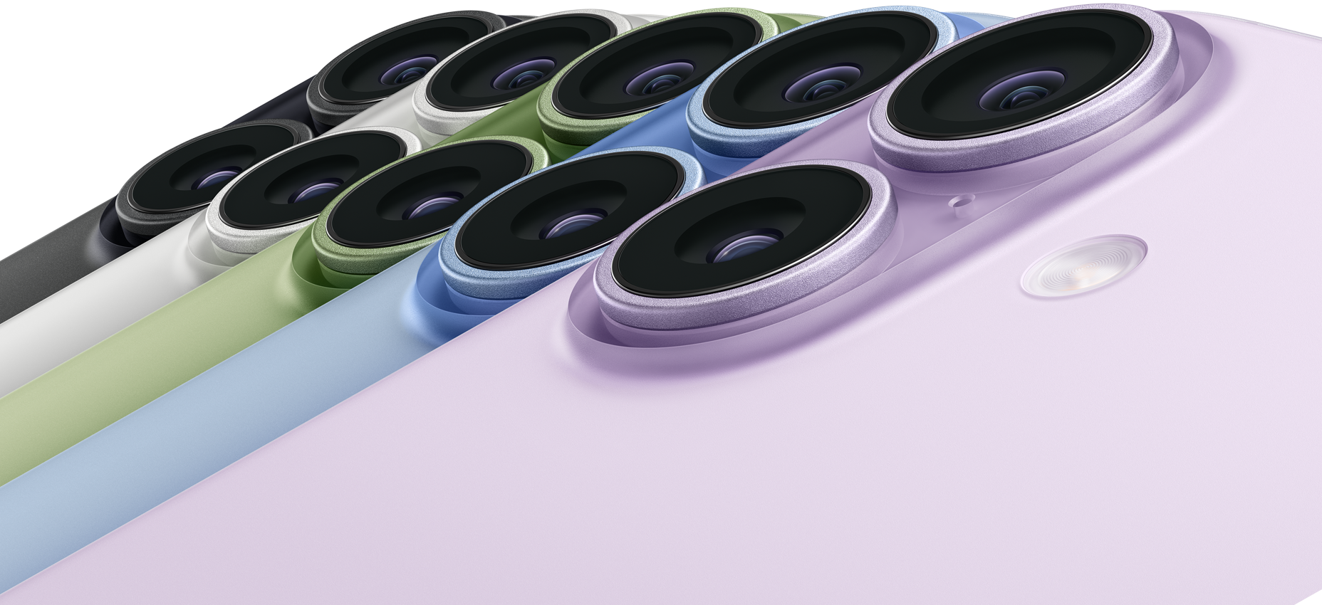 Cinco dispositivos iPhone 17, parte trasera, esquina superior izquierda, sistema de dos cámaras Fusion, colores: negro, blanco, color salvia, azul neblina, color lavanda