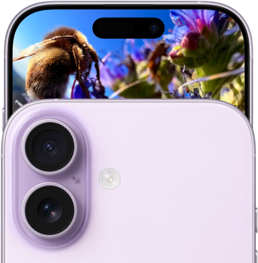 Parte frontal del iPhone 17 con sistema de dos cámaras Fusion, parte trasera, color lavanda.