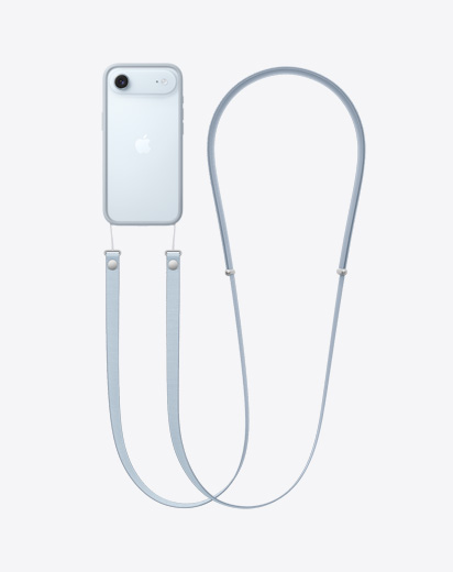 Tył obudowy iPhone’a Air w jasnoszarej ramce z przypiętym paskiem na ramię