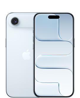 iPhone Air w kolorze błękitnym, tył obudowy z widocznym u góry systemem aparatu Fusion i logo Apple pośrodku, przód obudowy z Dynamic Island widocznym pośrodku górnej części urządzenia