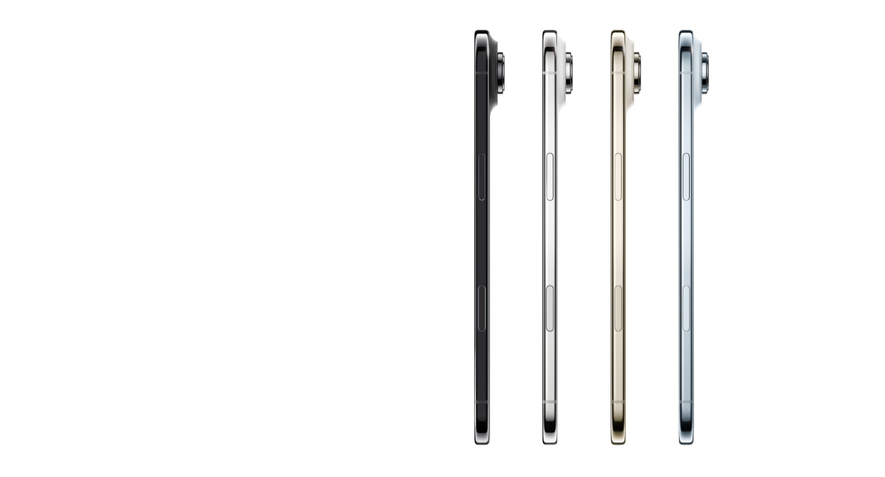 Pokazany z boku iPhone Air w kolorze błękitnym, jasnego złota, białego obłoku i gwiezdnej czerni. Wyeksponowane są bardzo smukły profil, system aparatu Fusion, przycisk boczny i panel Sterowanie aparatem