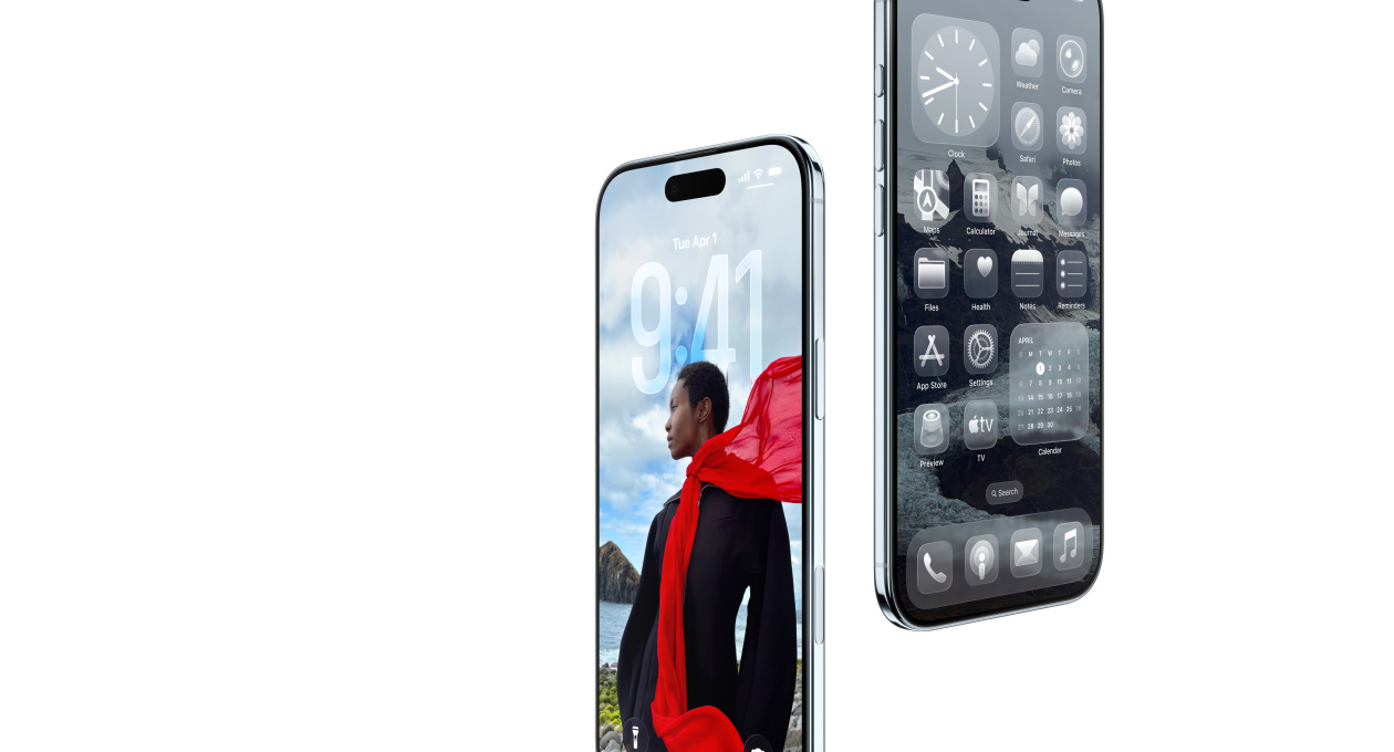 Przód i bok obudowy dwóch urządzeń iPhone Air, zaprezentowane są smukły profil, dynamicznie wyświetlający treści ekran blokady i ekran początkowy wyświetlający aplikacje z efektem Liquig Glass