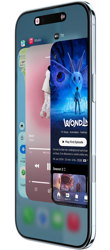 Przód i bok iPhone’a Air z pokazanymi na ekranie aplikacjami Mapy, Muzyka i AppleTV prezentującymi działanie funkcji przełączania aplikacji