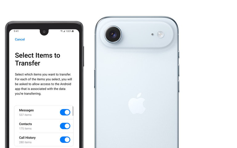 Pokazane obok siebie ekran urządzenia z systemem Android z widoczną aplikacją Przenieś do iOS, tył iPhone’a Air z aparatem głównym Fusion w wypukłej górnej części urządzenia i fleszem