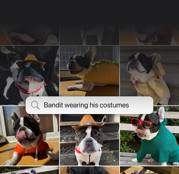 Feature demonstration: Natural language search for photos. Search query in the Photos app with results from the phrase: 'Katie with stickers on her face'