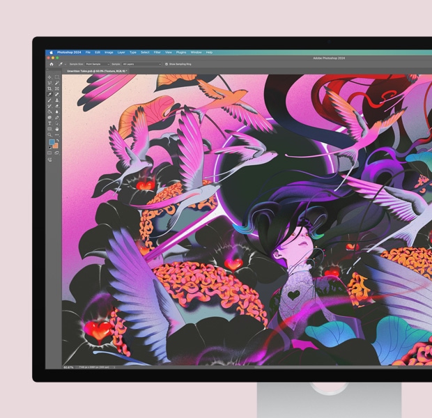 Ekranas su spalvingu vaizdu, rodomu programoje „Adobe Photoshop“