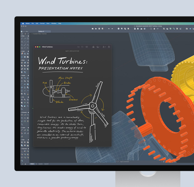 Ekranas, kuriame rodomas atidarytas „Autodesk AutoCAD“ projektas, įskaitant brėžinius ir pastabas